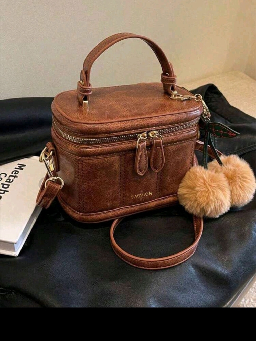 Brown Leatherette Top-Handle Crossbody Bag with Pom Pom Charm